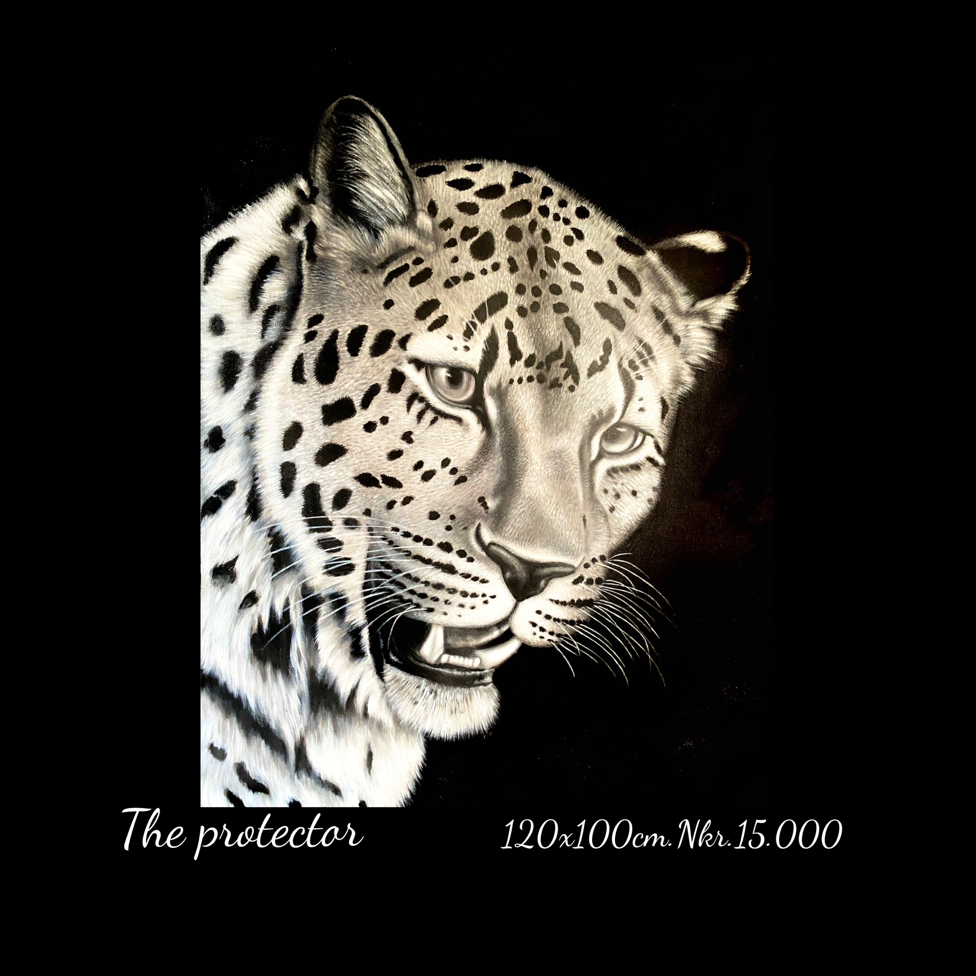 A black and white drawing of a leopard on a black background.