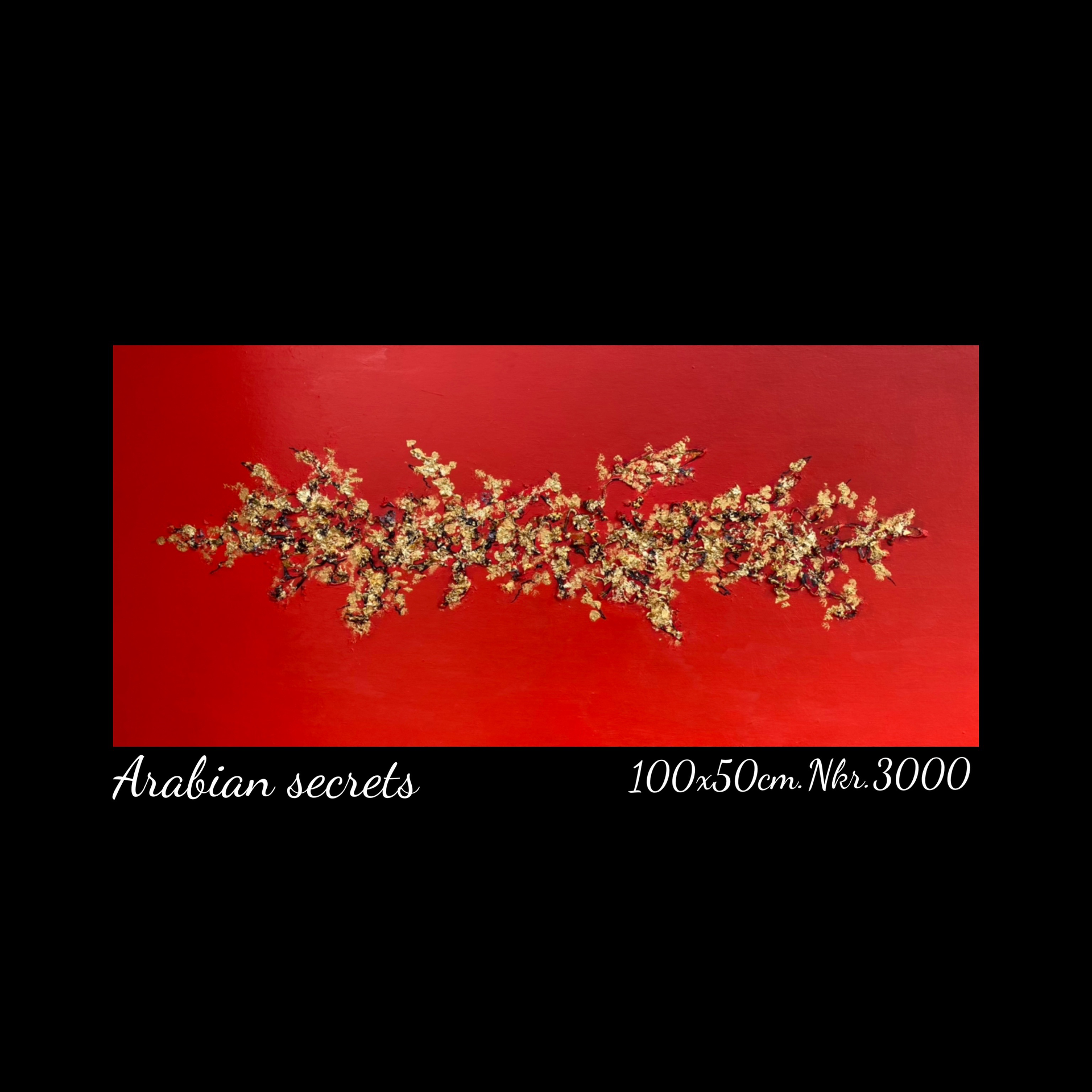 A painting of gold flowers on a red background