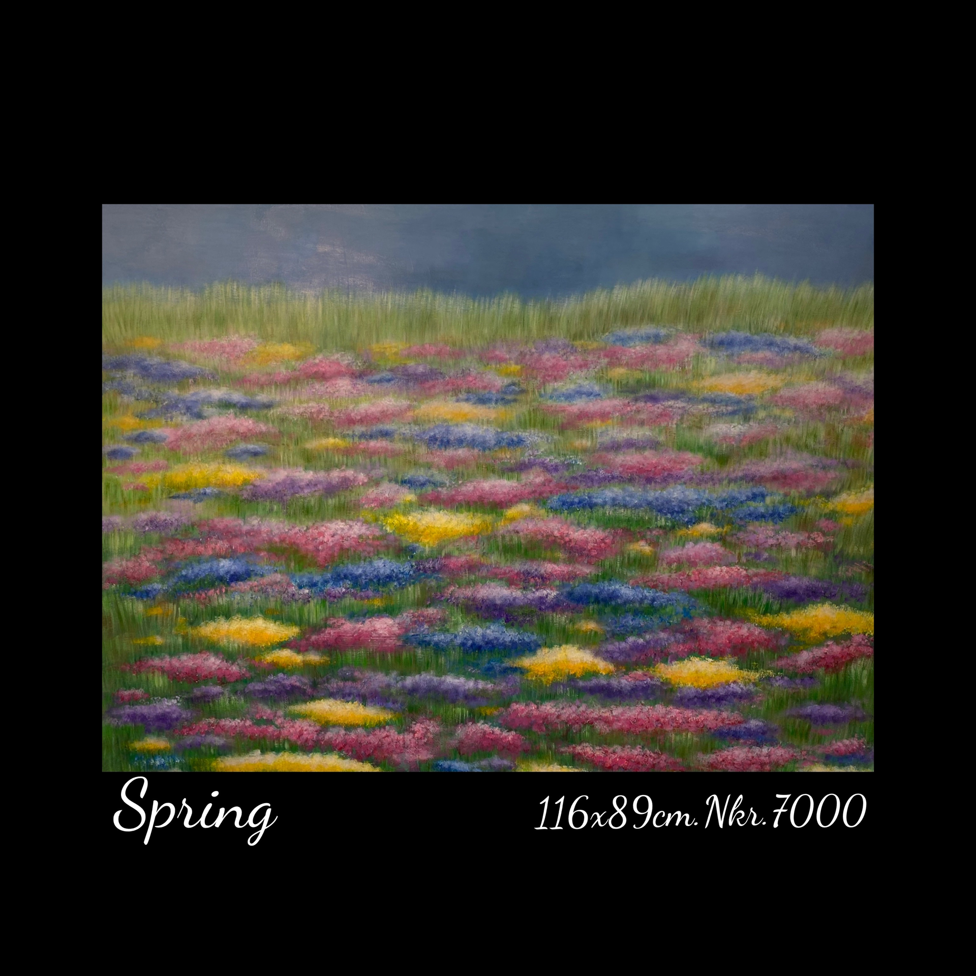 A painting of a field of colorful flowers