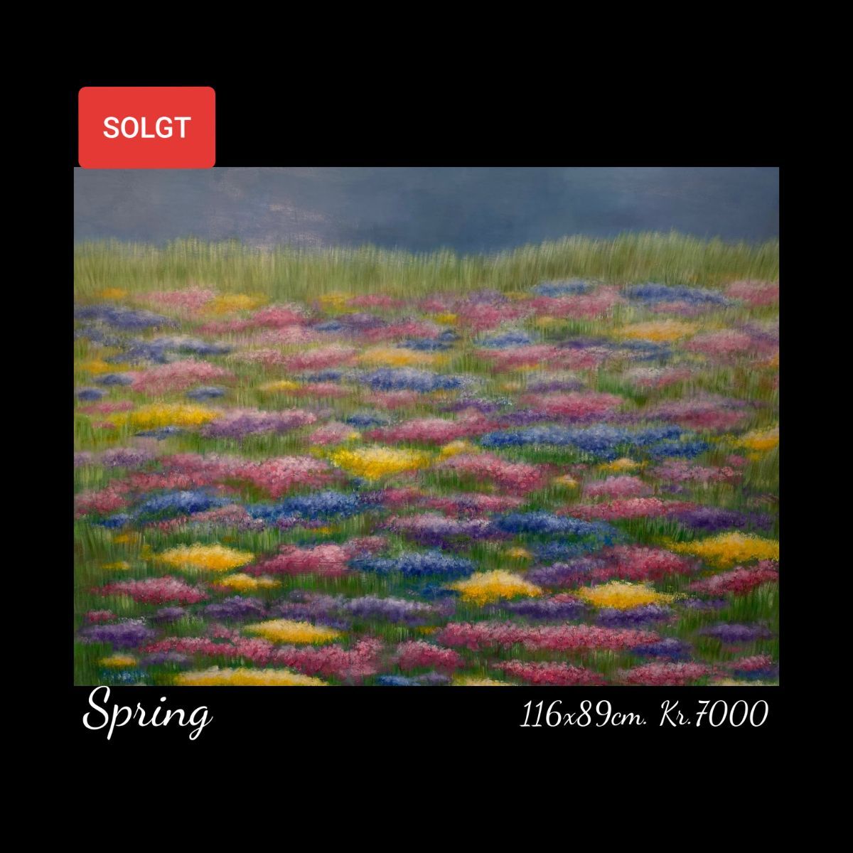 A painting of a field of colorful flowers on a black background.