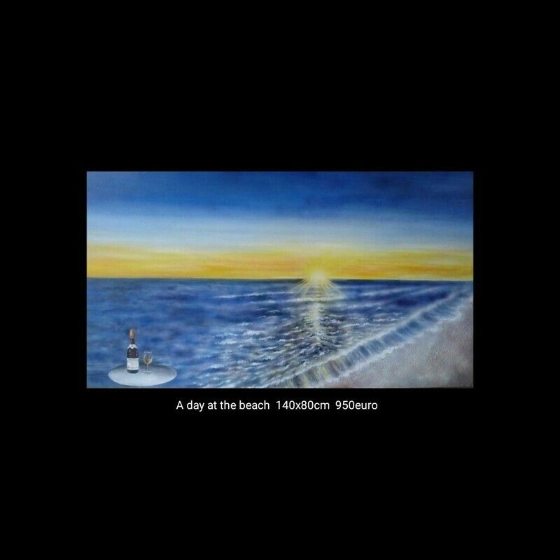 A painting of a day at the beach with a bottle of wine on a table.