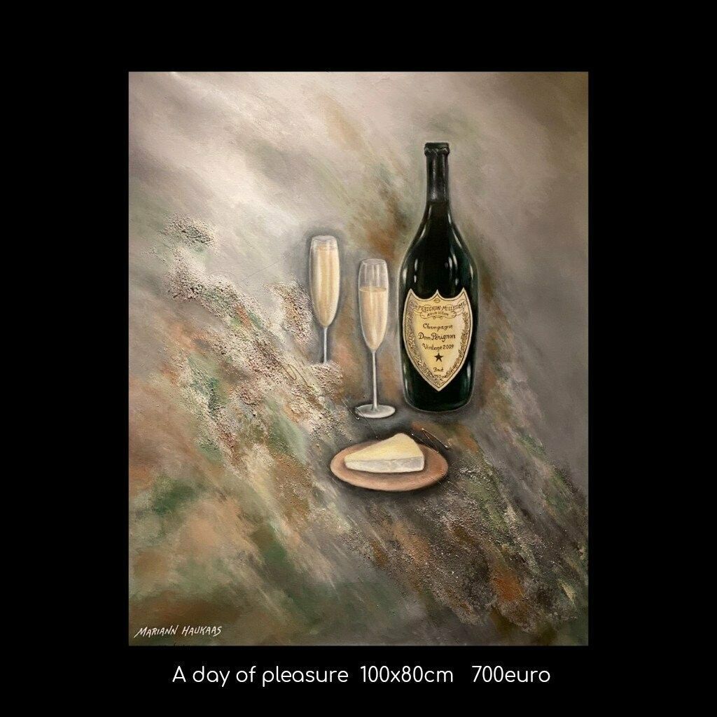 A painting of a bottle of champagne two glasses and a piece of cheese