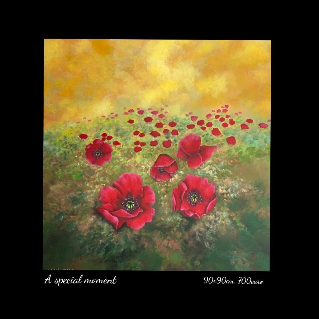 A painting of red flowers is titled a special moment