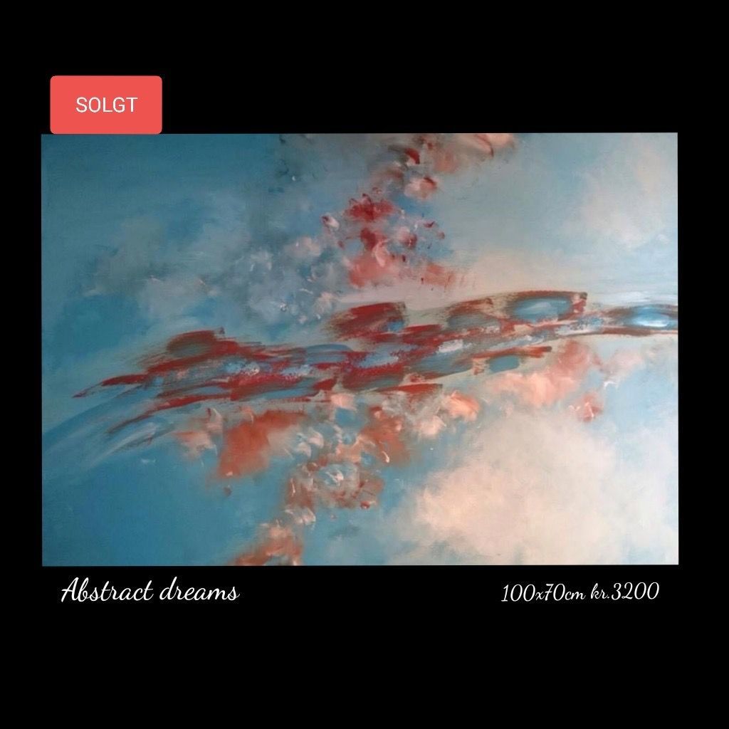 A painting of a blue sky with red and white clouds