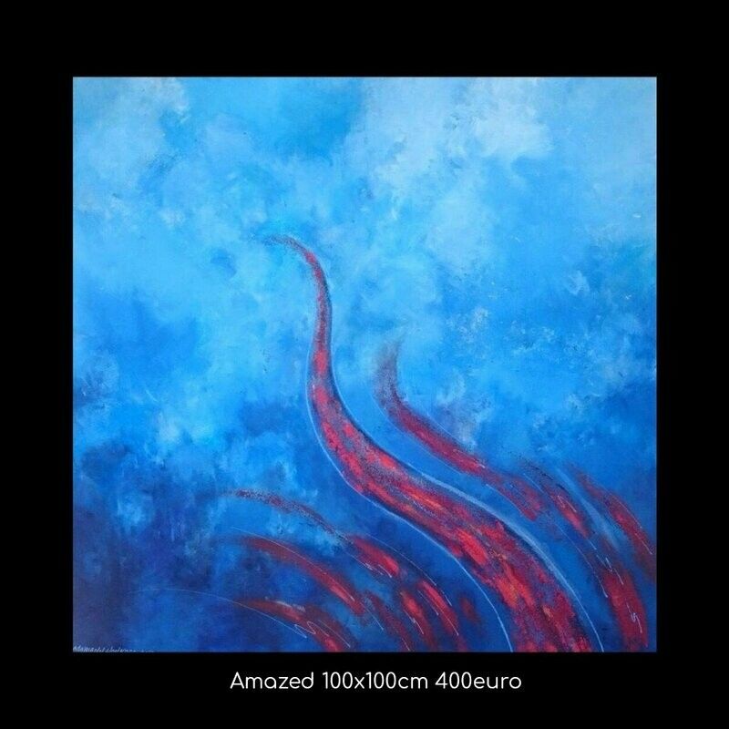 A blue and red painting with the words amazed 100x100cm 400euro on the bottom