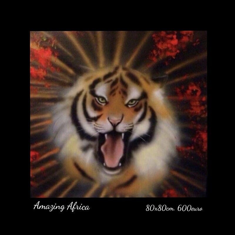 A painting of a tiger is titled amazing africa