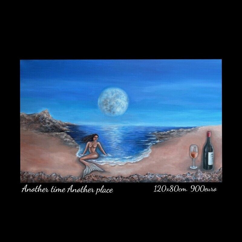 A painting of a mermaid sitting on a rock next to a bottle of wine and a glass of wine.