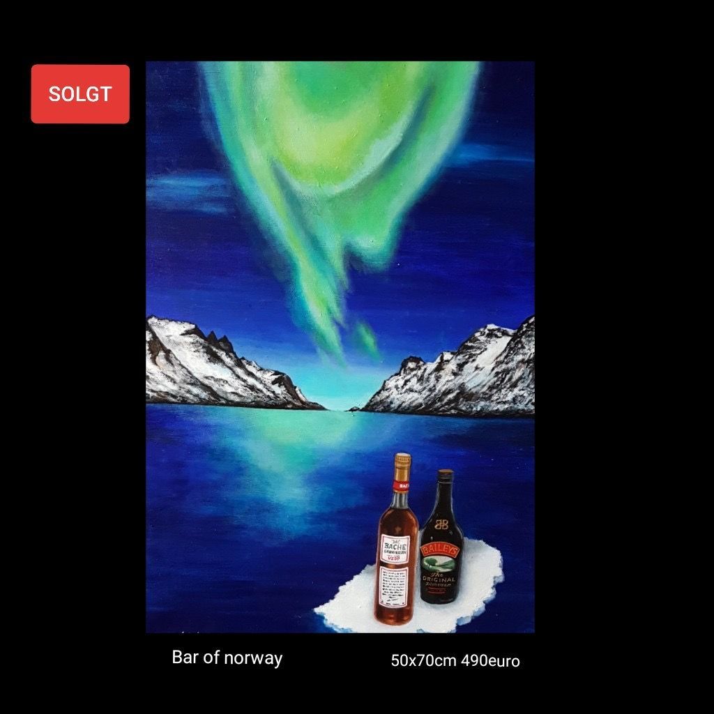 A painting of two bottles of alcohol in front of the aurora borealis