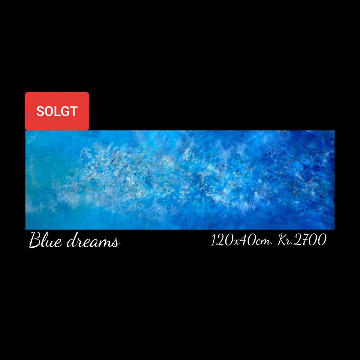 A painting of a blue sky with white clouds on a black background.