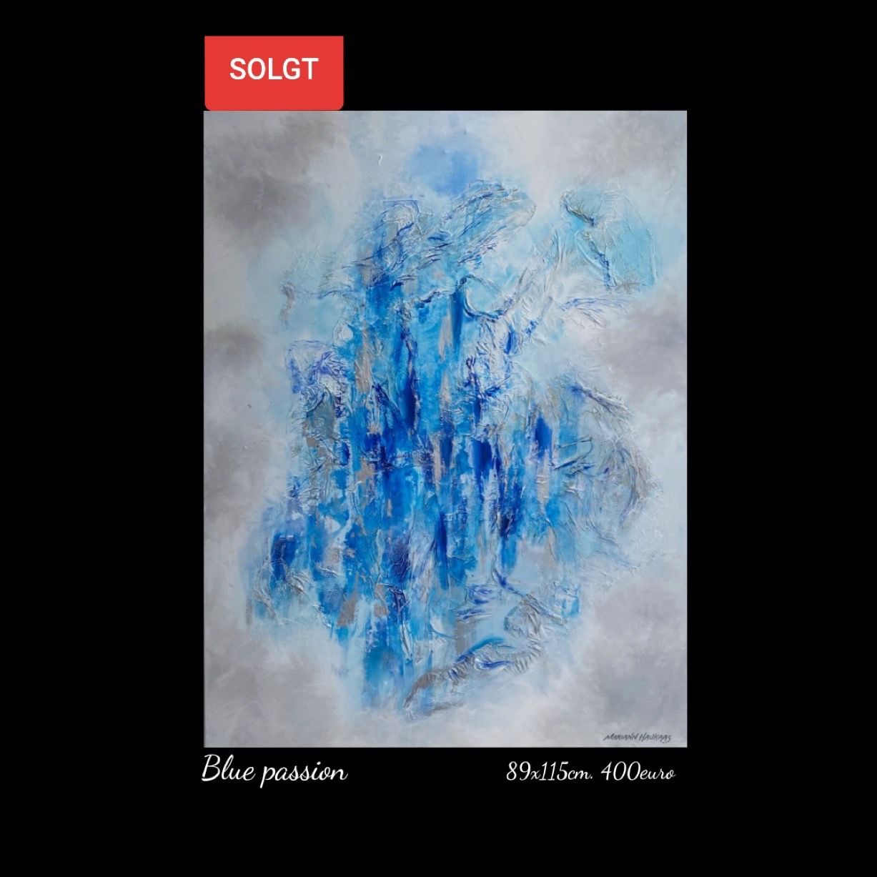 A blue and white painting with a red sign that says soldt on it.