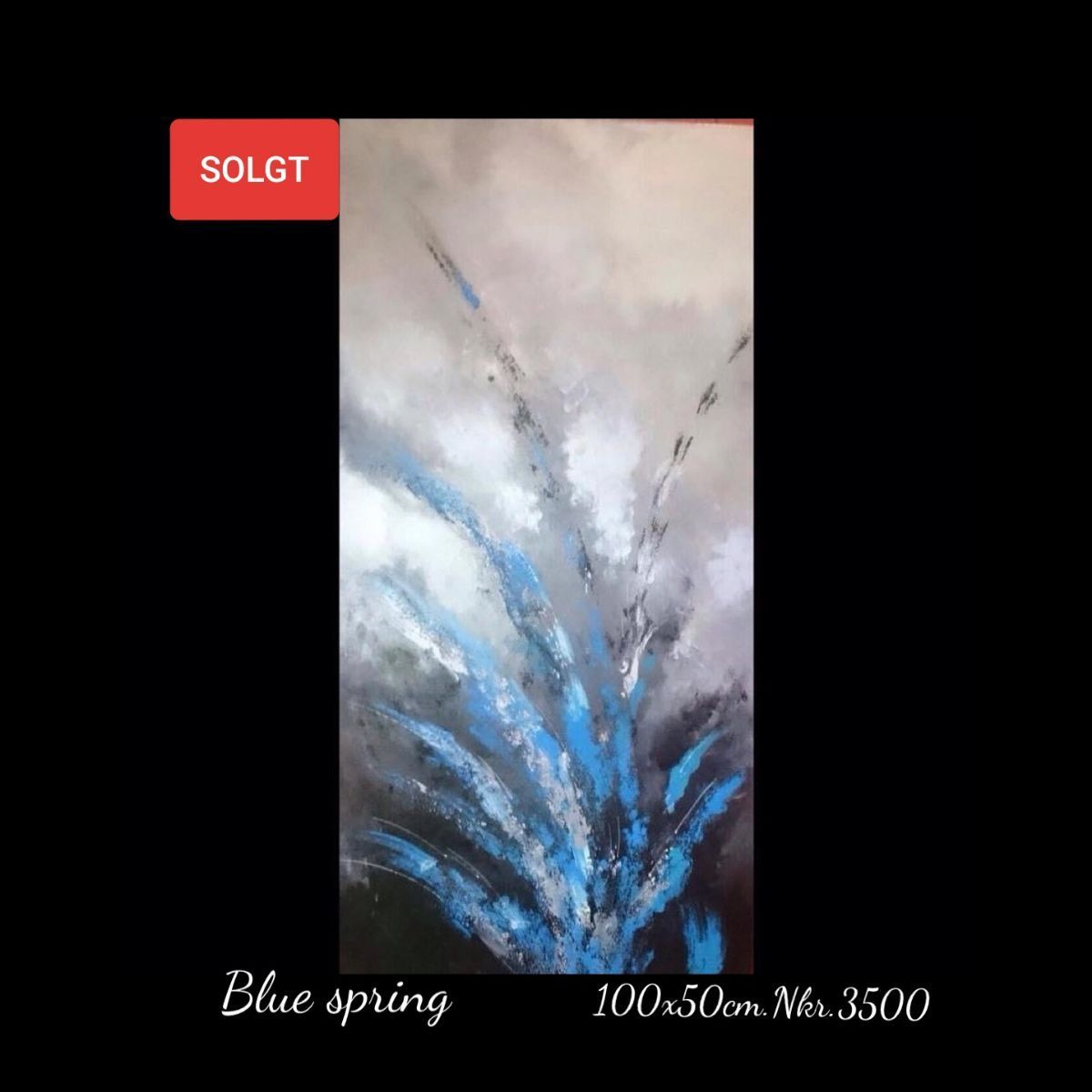 A painting of a blue spring is being sold on a black background.