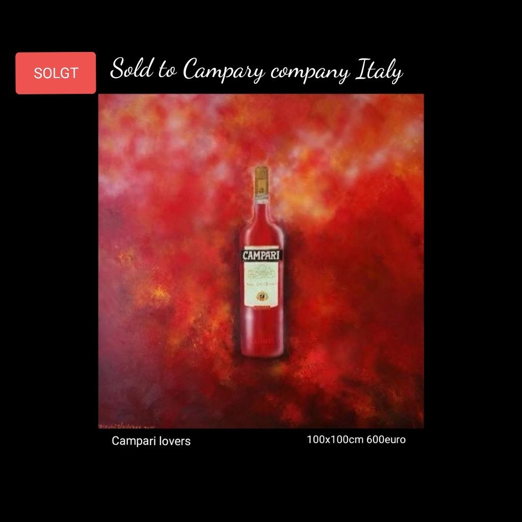 A painting of a bottle of campari on a red background