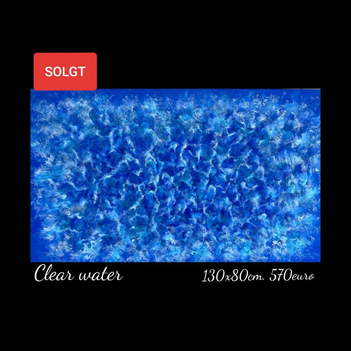 A painting of clear water is for sale on a black background.