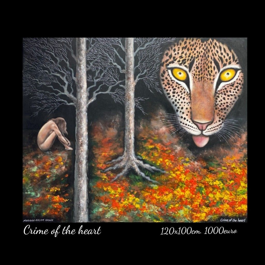 A painting of a woman and a leopard with the title crime of the heart