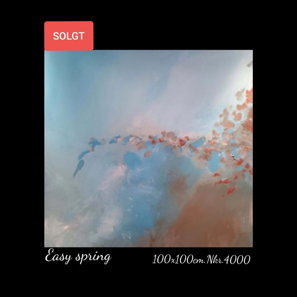 A painting of a landscape with a red sign that says solgt on it.