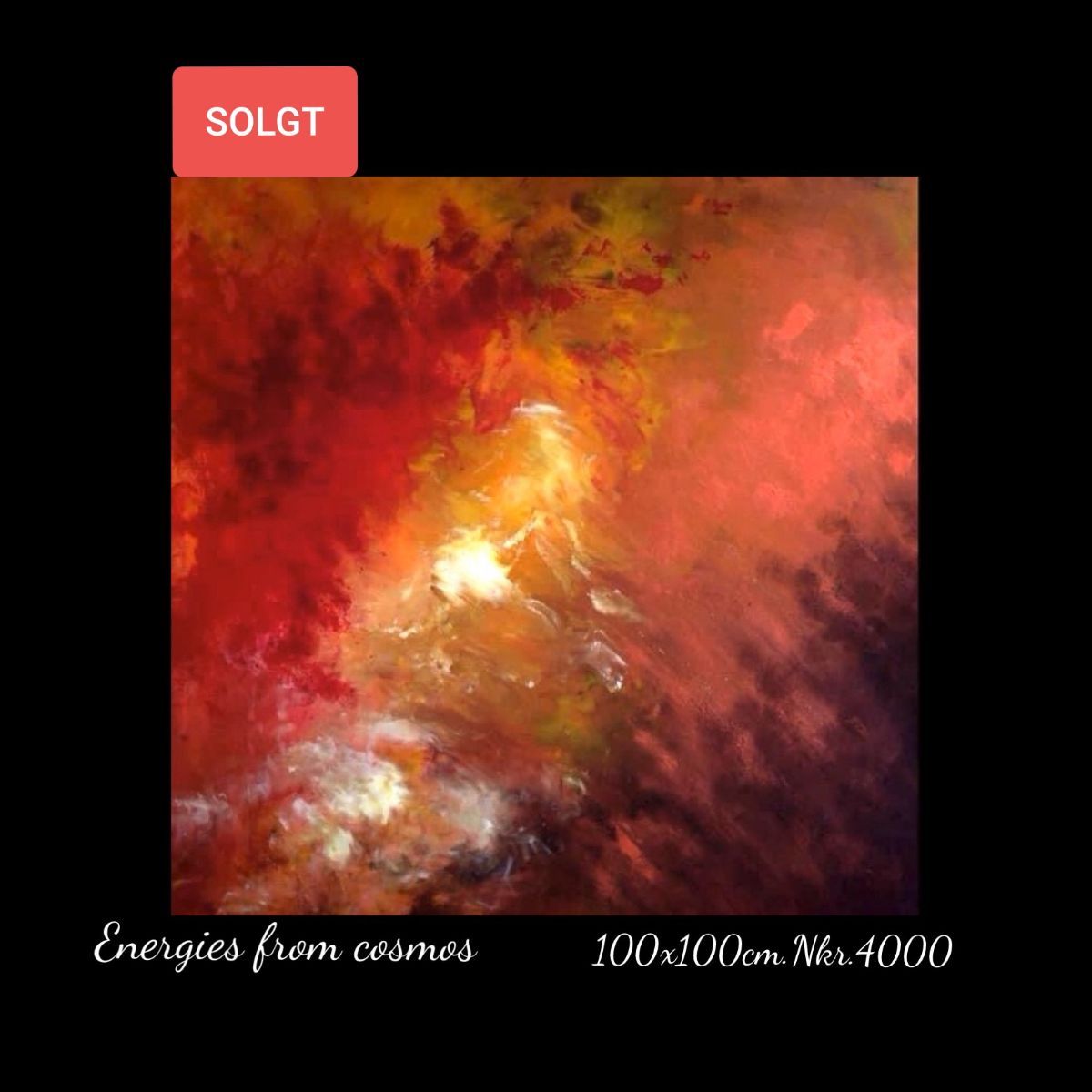A red and yellow painting with the words energies from cosmos on it