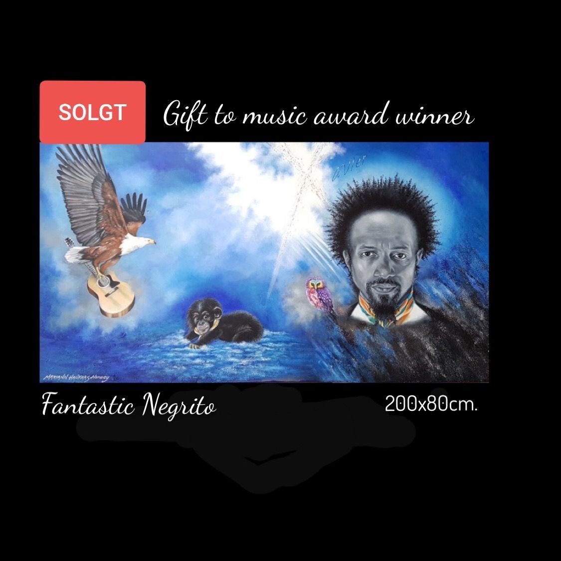 A painting of a man with a guitar and an eagle flying over him