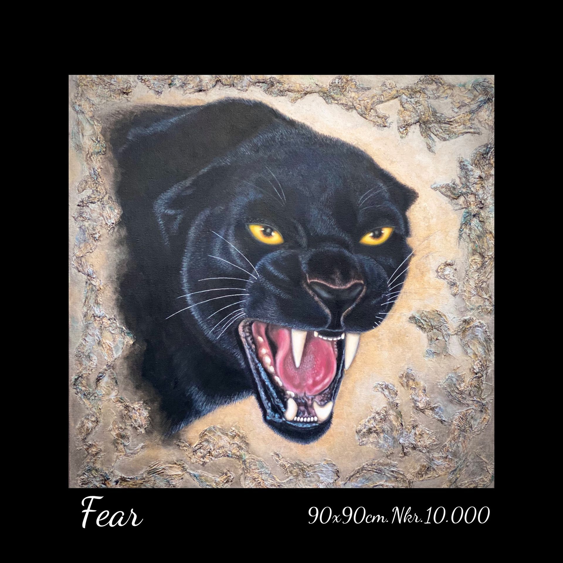 A painting of a black panther with yellow eyes is titled fear