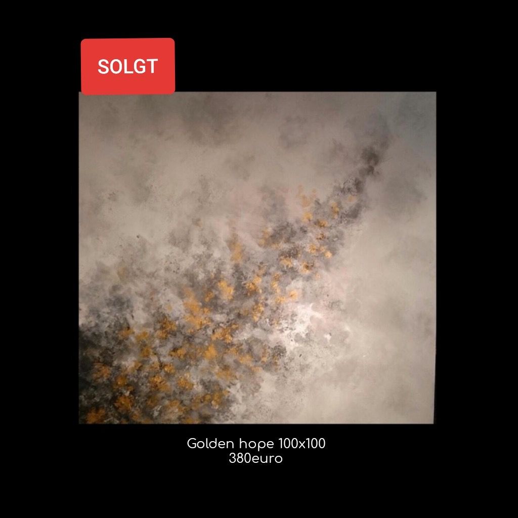 A picture of a painting with a red sticker that says soldt on it.