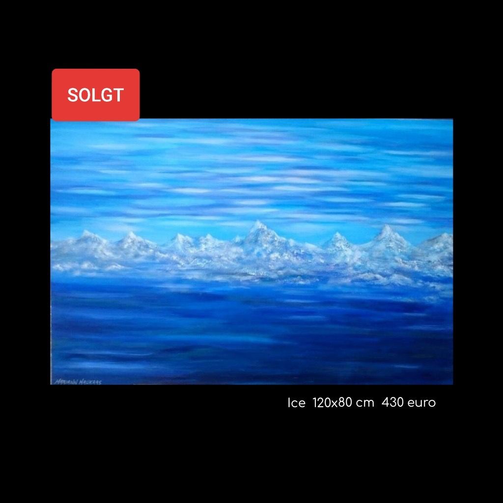 A painting of a blue ocean with mountains in the background