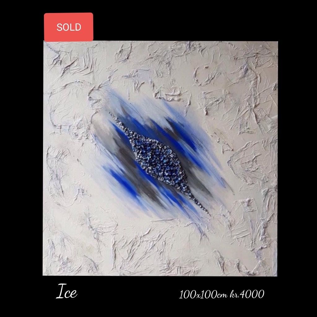 A painting with a red sold sign on it