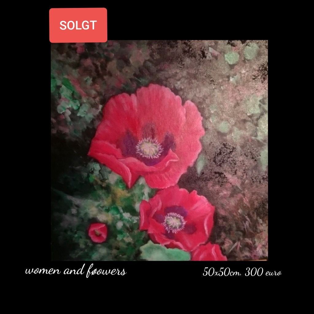 A painting of red flowers is being sold by women and farmers