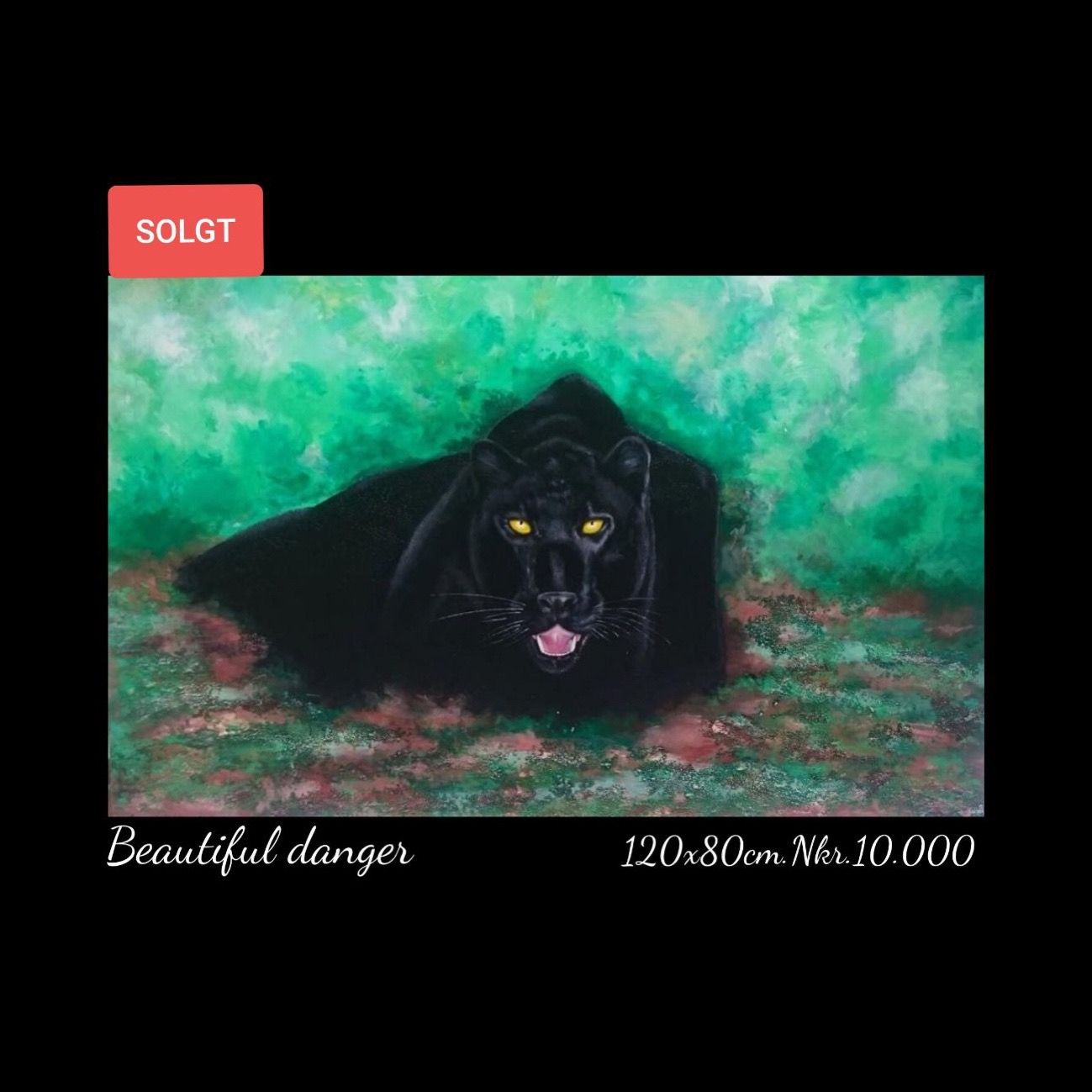 A painting of a black panther with yellow eyes