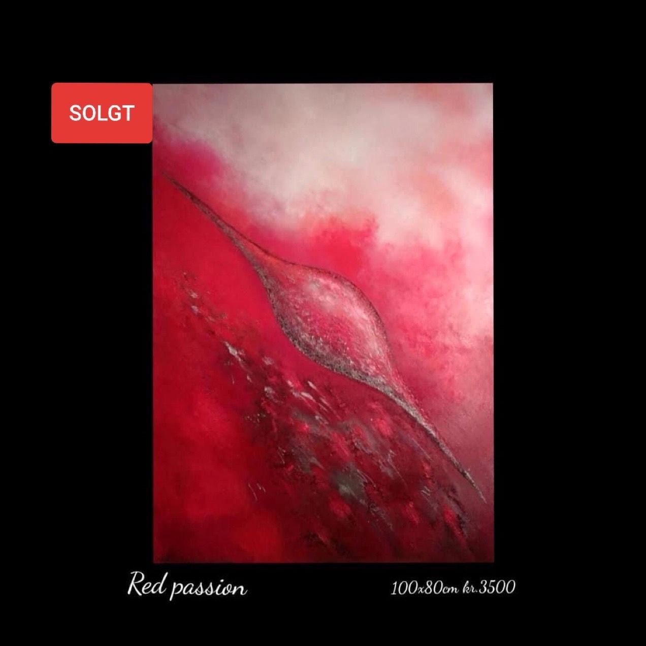 A painting of a red flower on a black background.