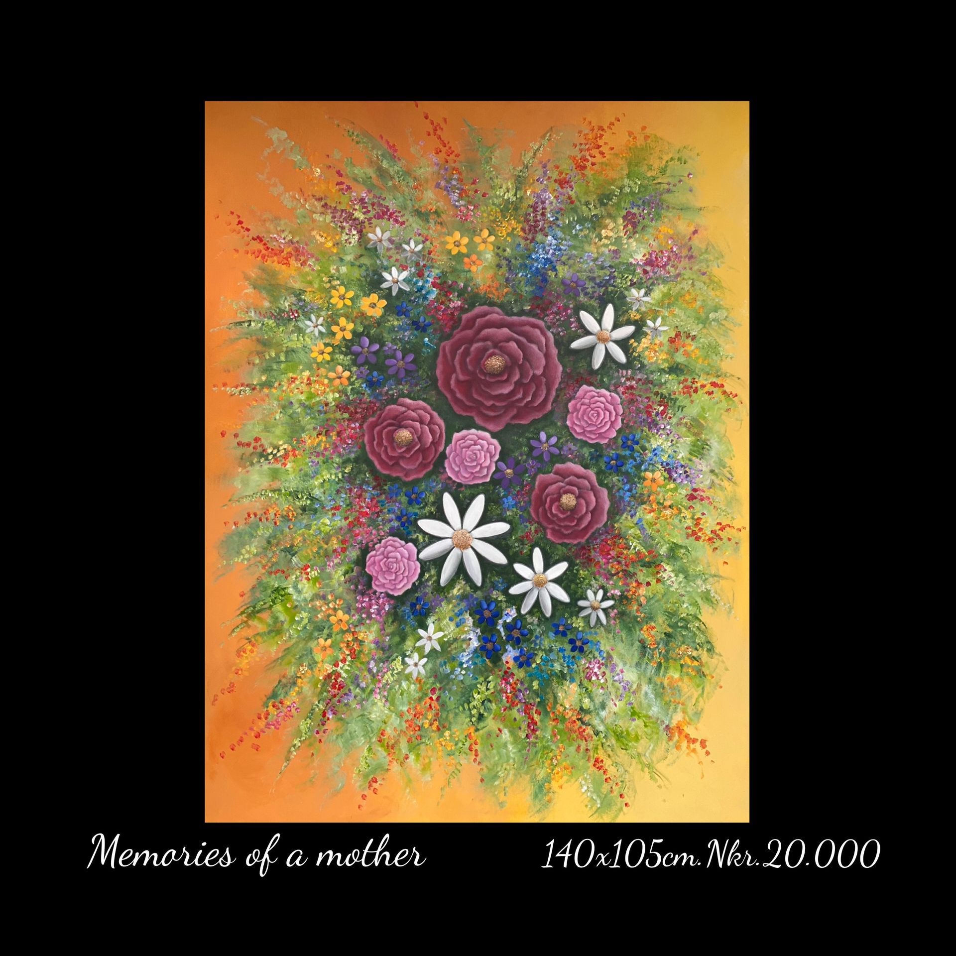 A painting of flowers is titled memories of a mother
