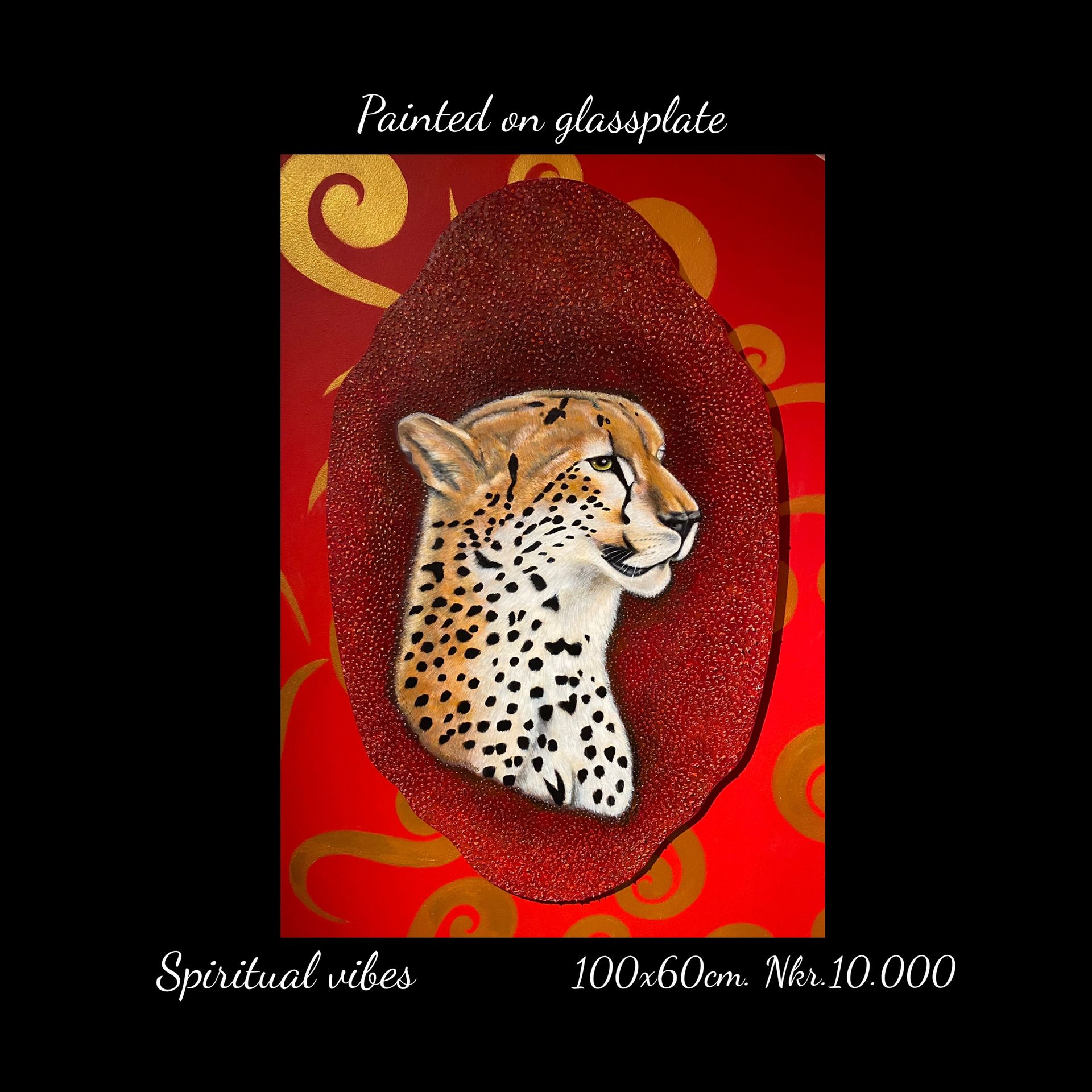 A painting of a cheetah on a glass plate