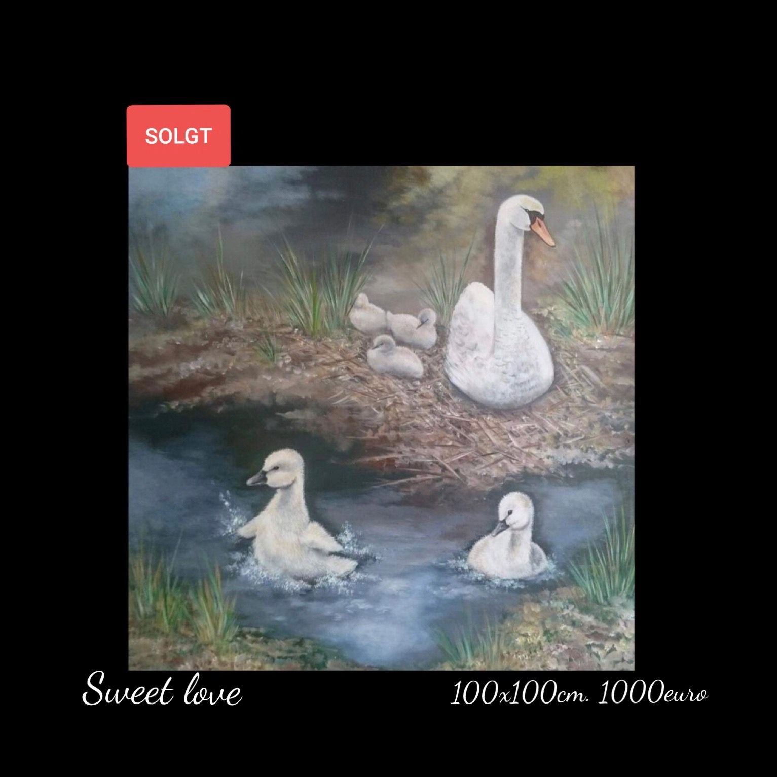A painting of a mother swan and her baby swans