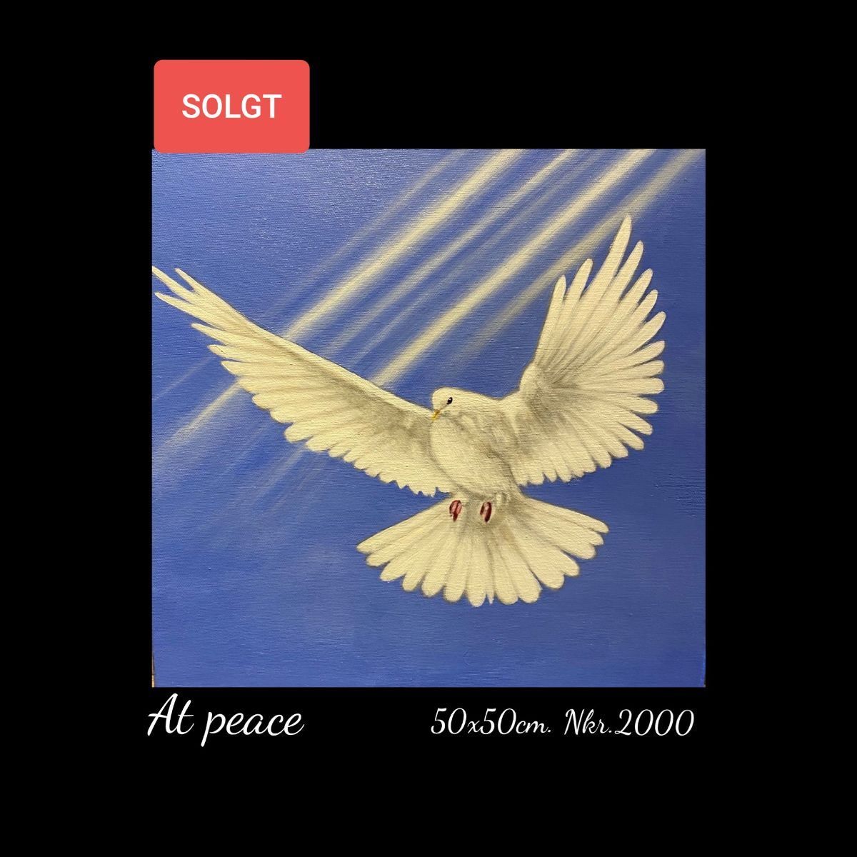 A painting of a white dove flying in the sky