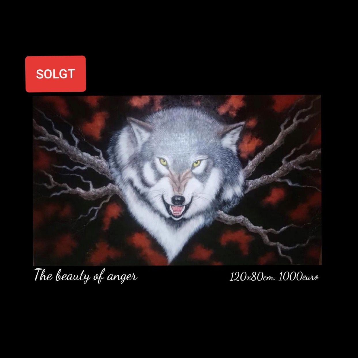 A painting of a wolf with the words 