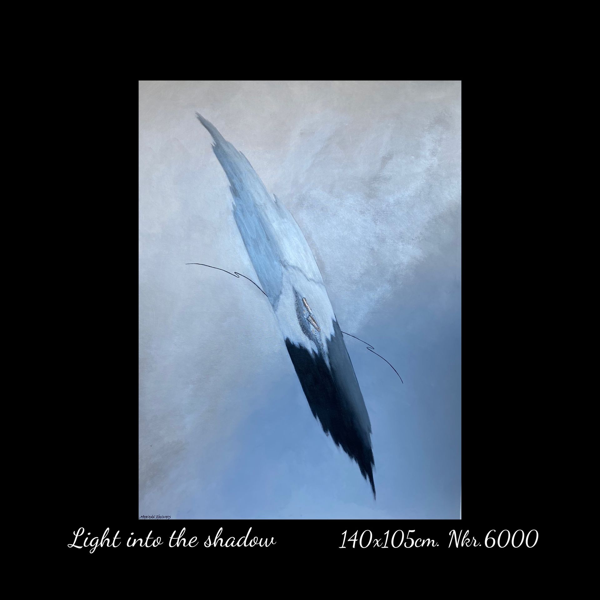 A painting of a bird is titled light into the shadow