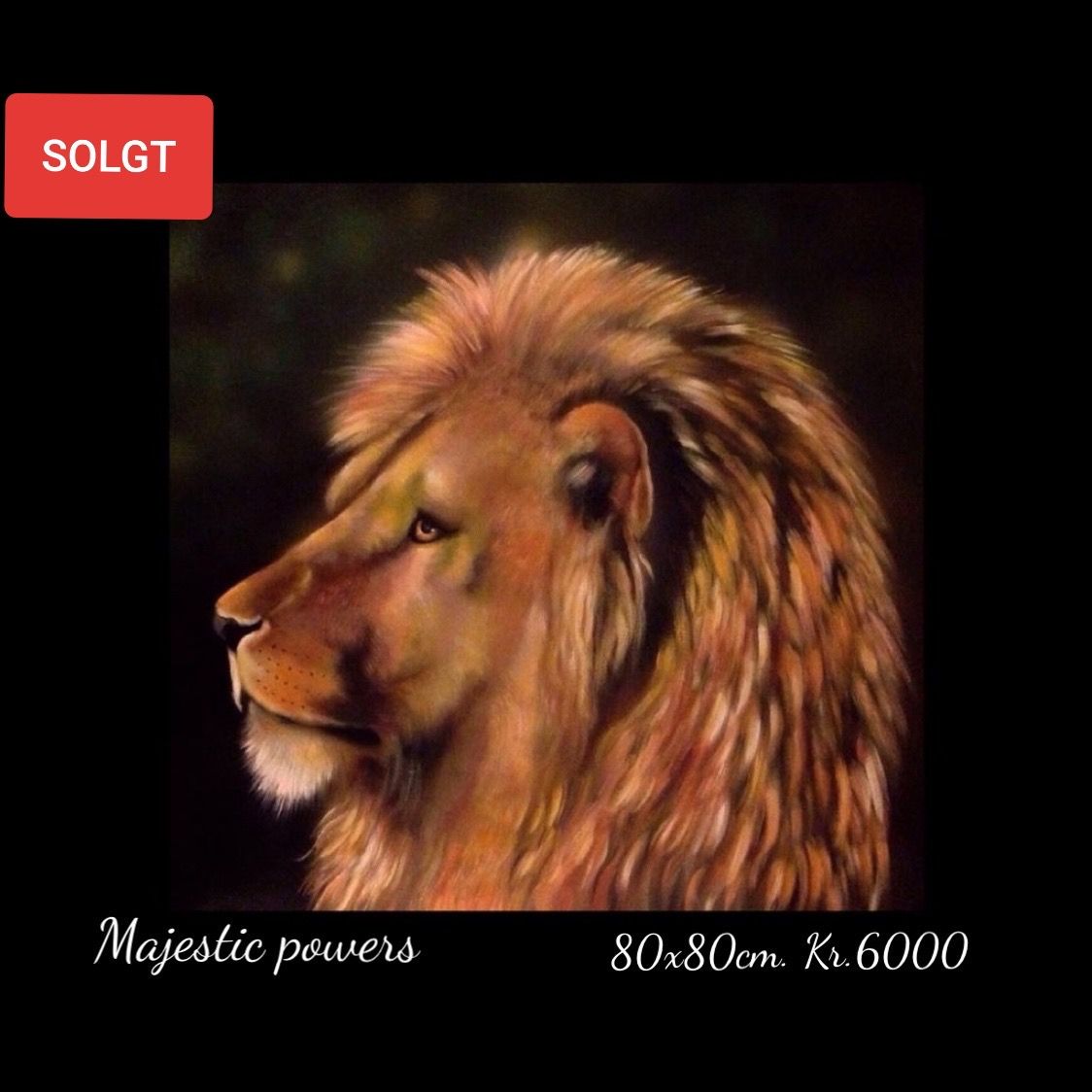 A painting of a lion with a sold sign above it