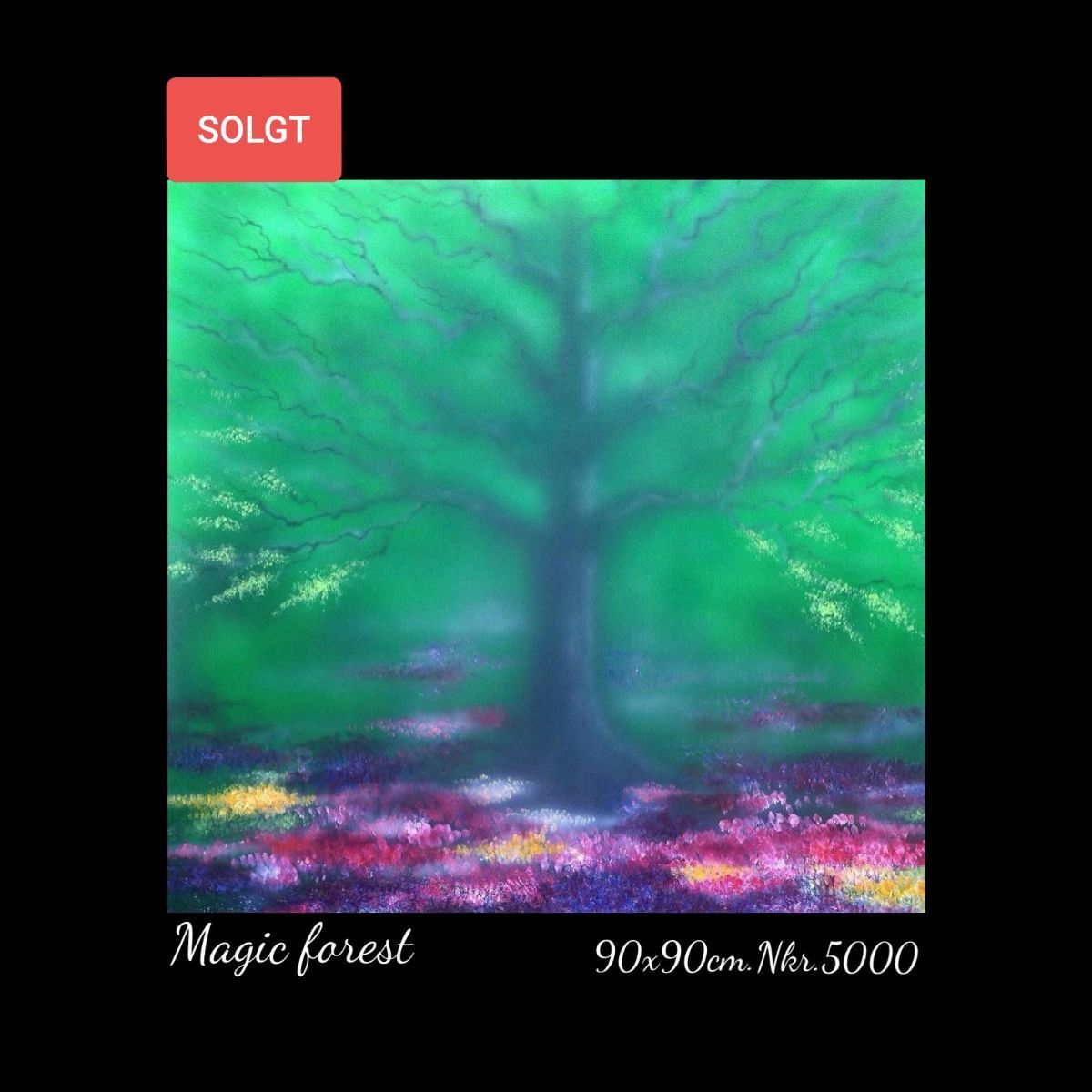 A painting of a tree in a forest is for sale.