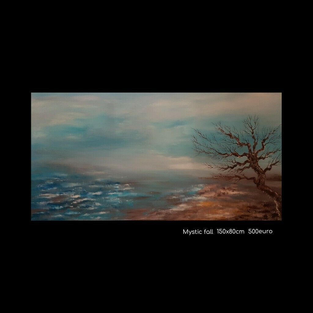 A painting of a tree in the middle of a body of water.