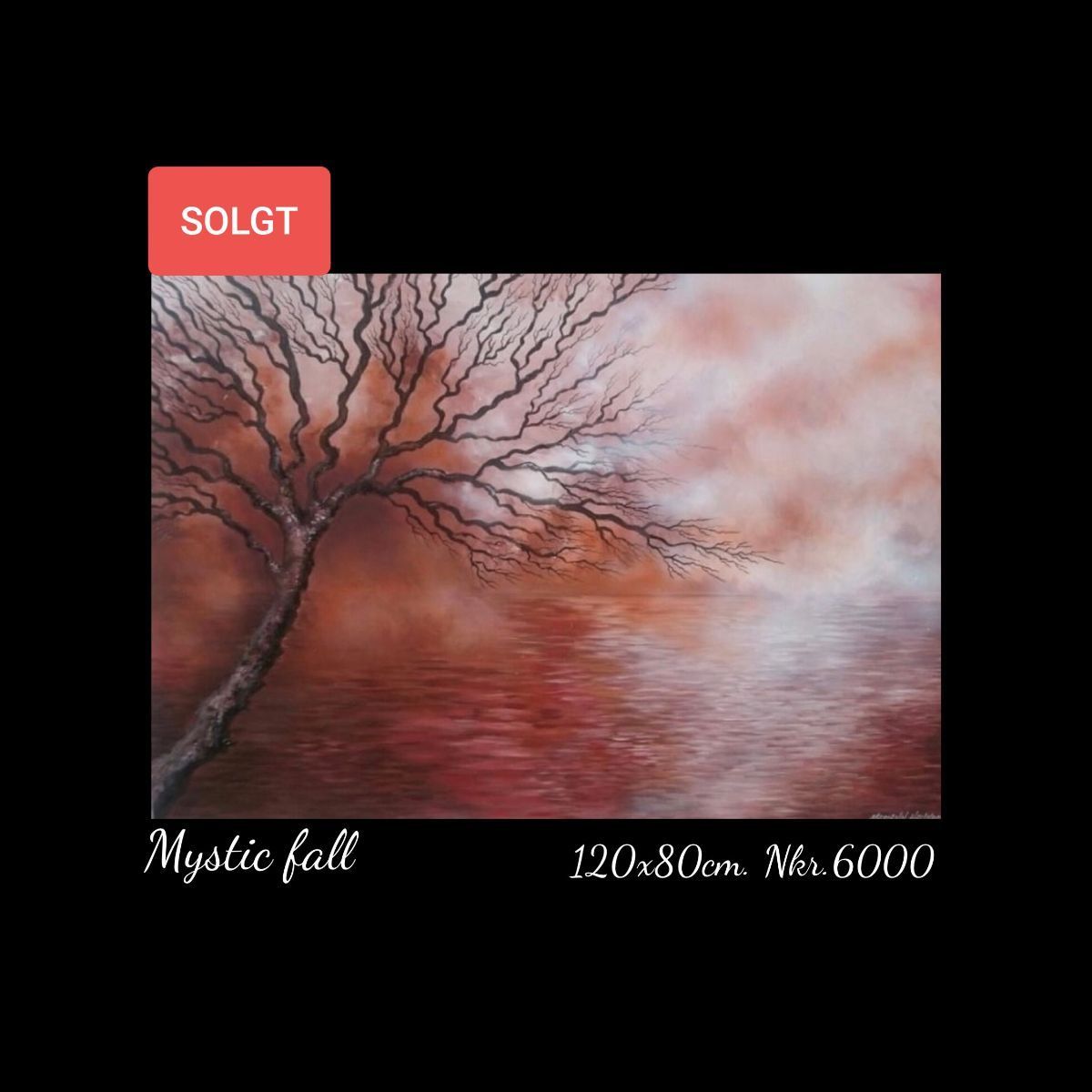 A painting of a tree with a red sky in the background is for sale.