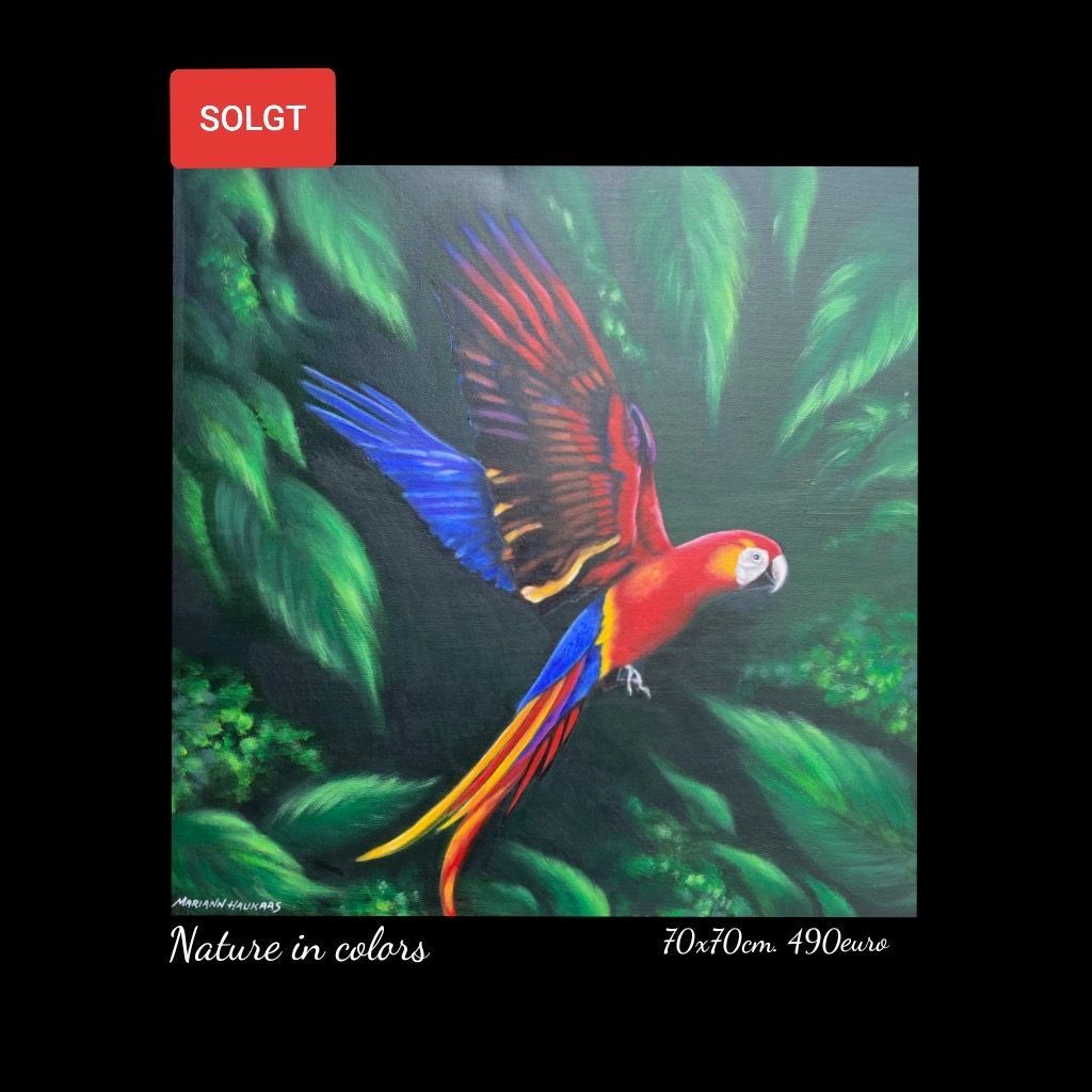 A painting of a colorful parrot with the words nature in colors below it