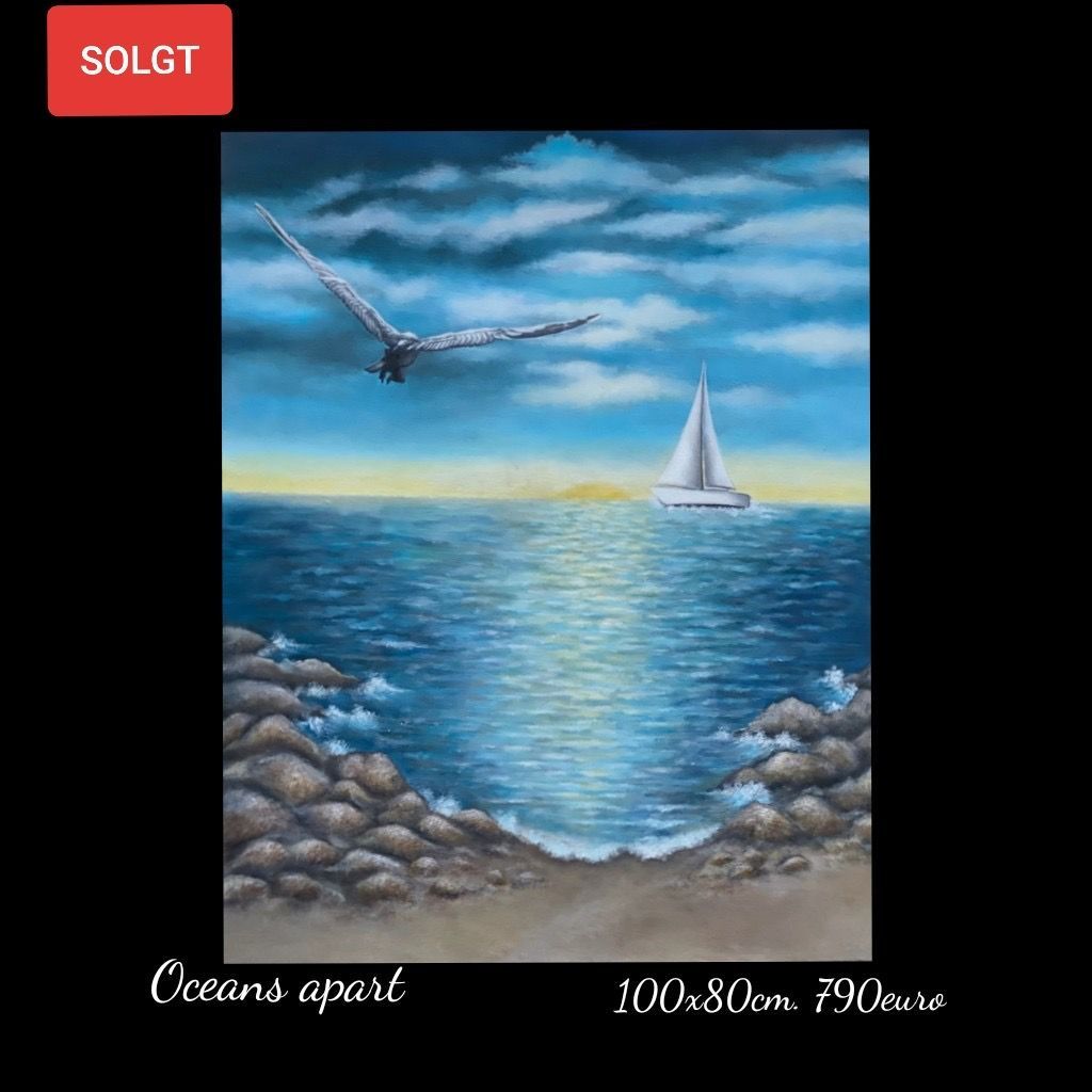 A painting of a seagull flying over a sailboat in the ocean