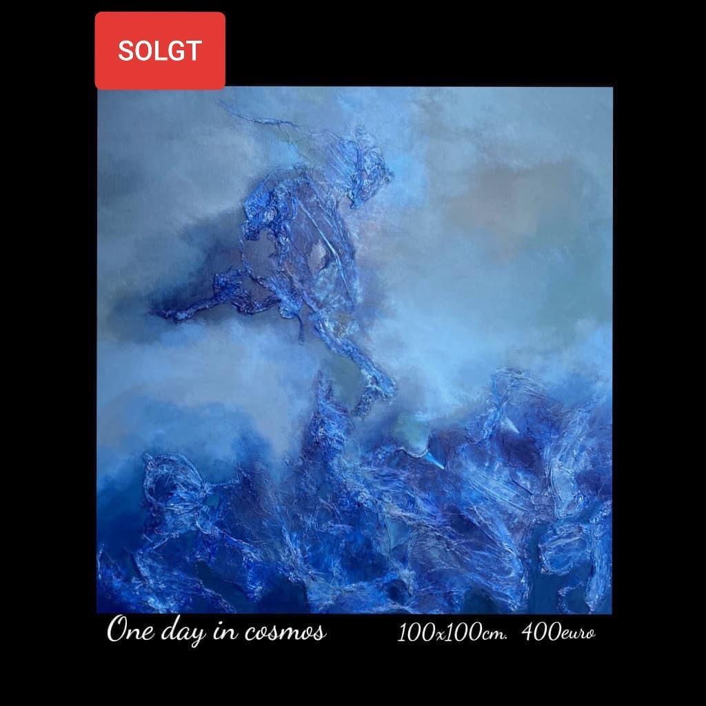 A painting of a person riding a horse is being sold.