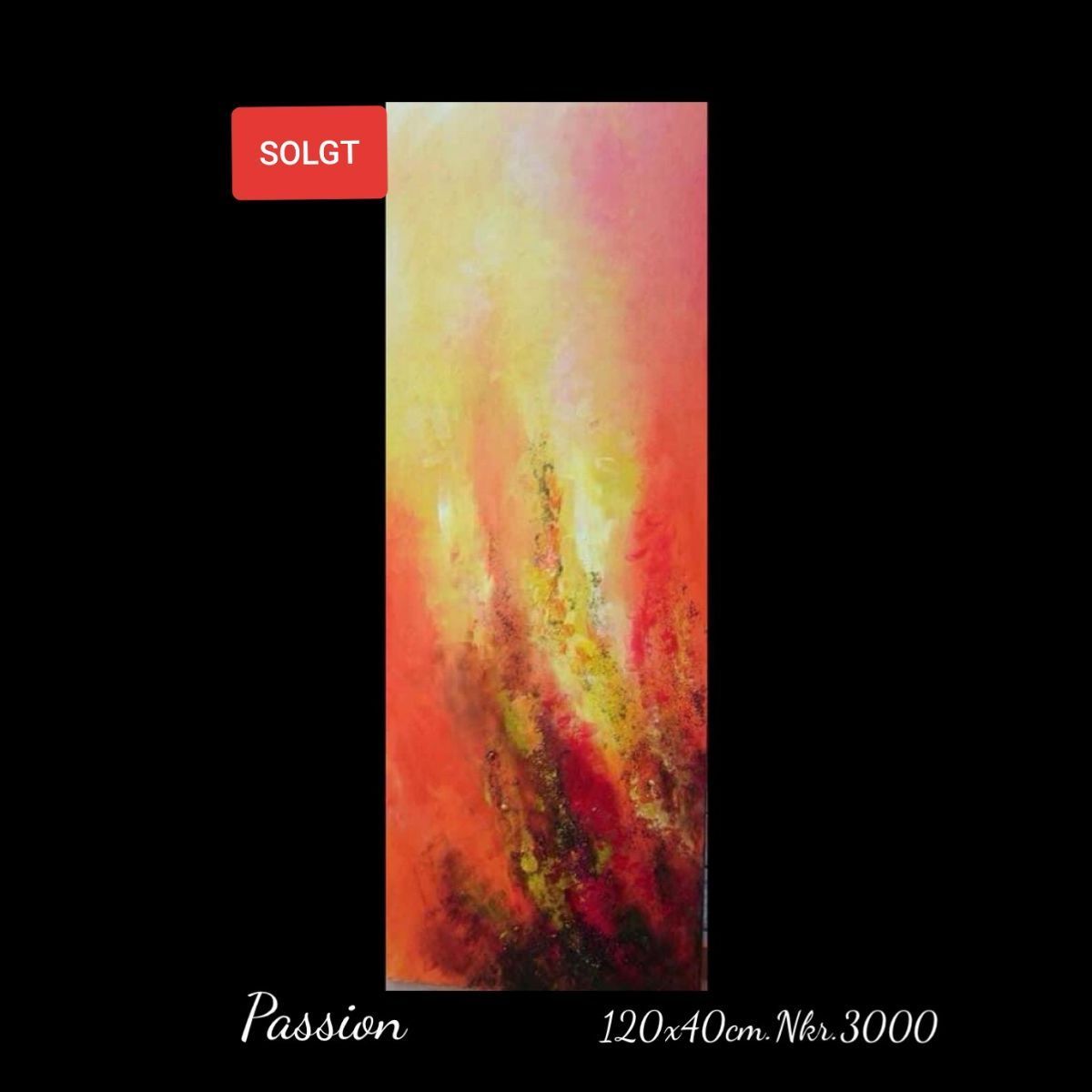 A red and yellow painting with a sold sign on it