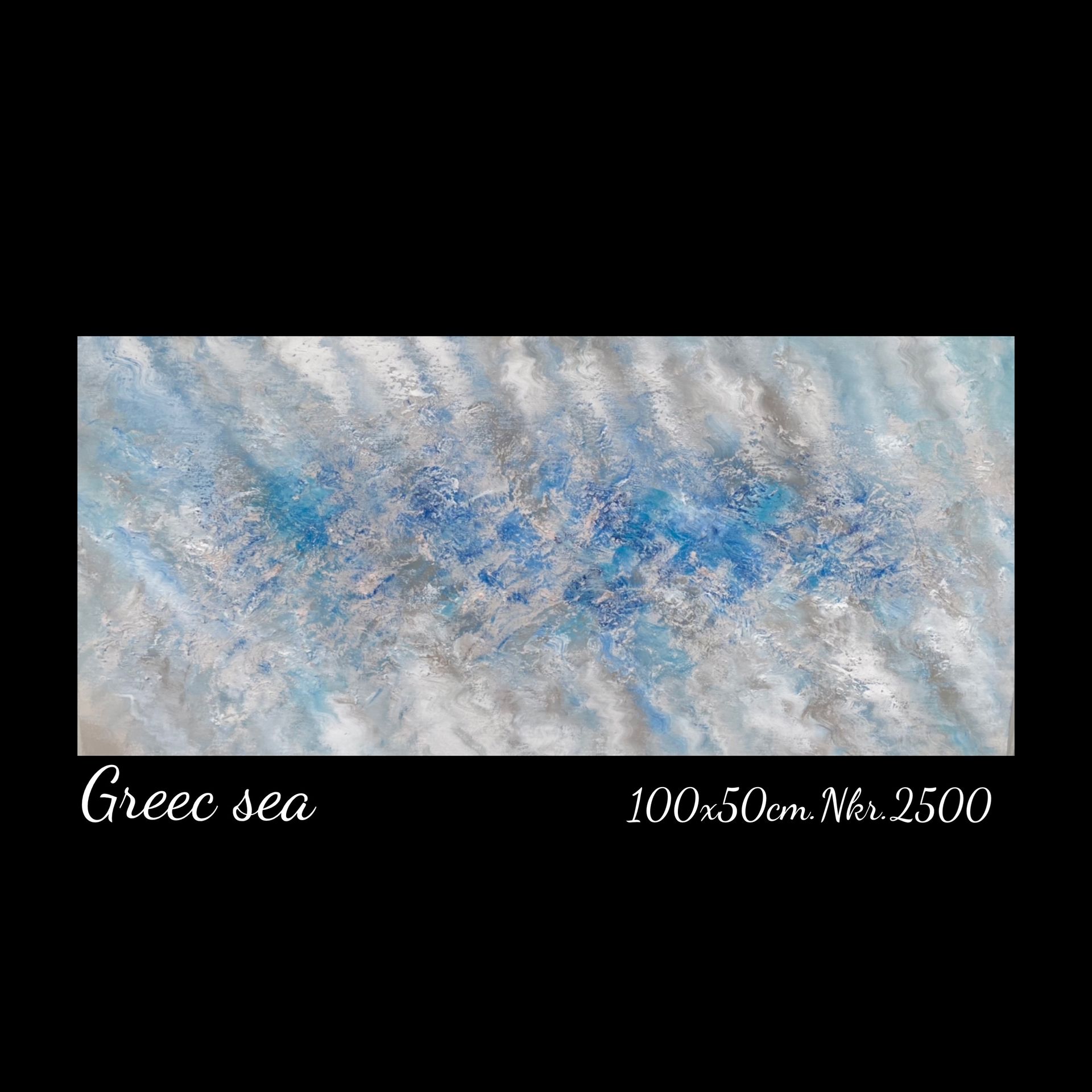 A painting of a greek sea with blue and white waves on a black background.