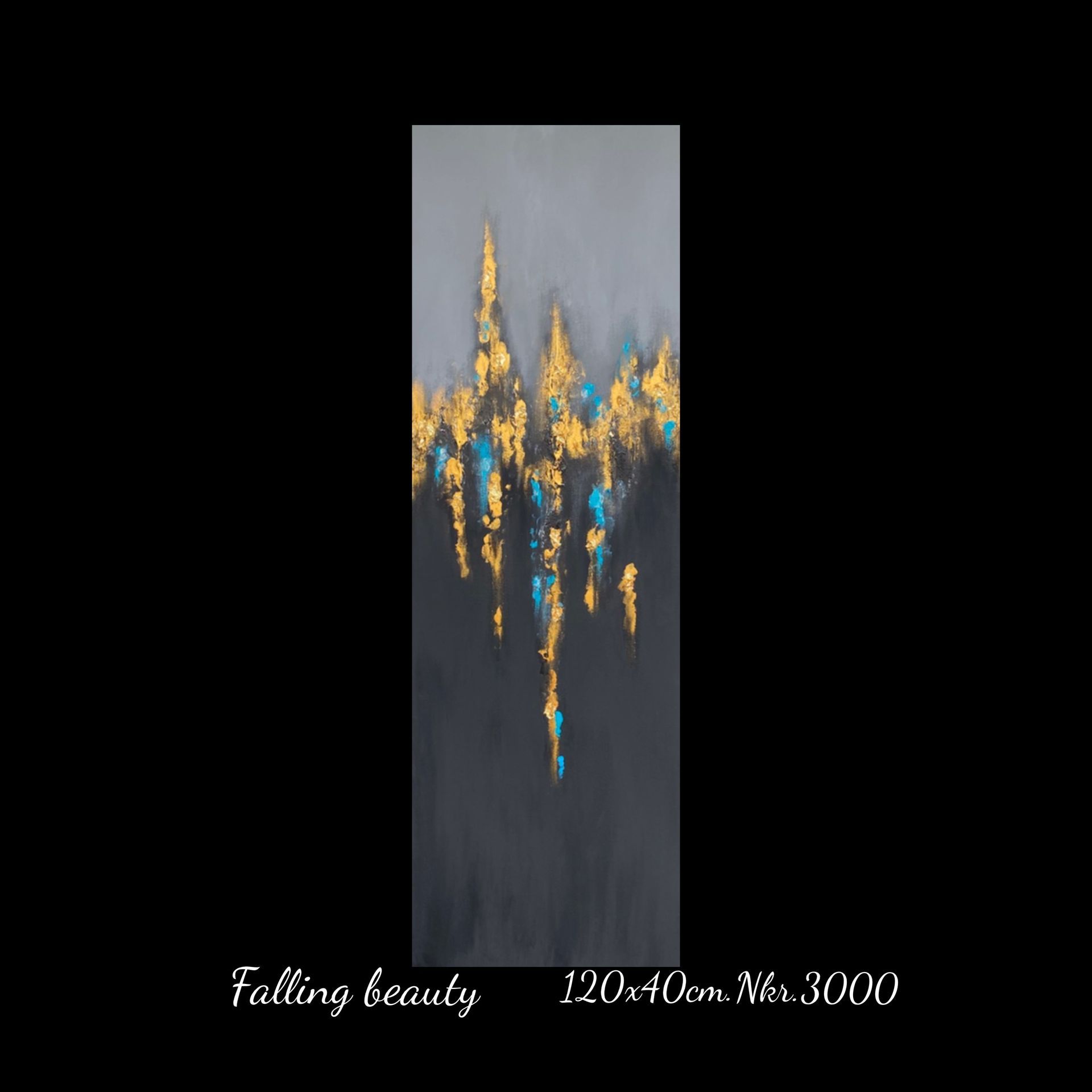A black and gold painting with the words falling beauty on it