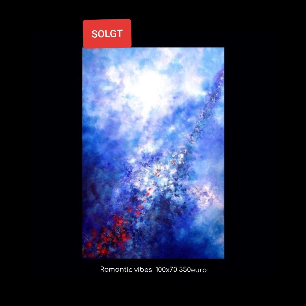 A painting of a blue sky with red clouds is for sale.