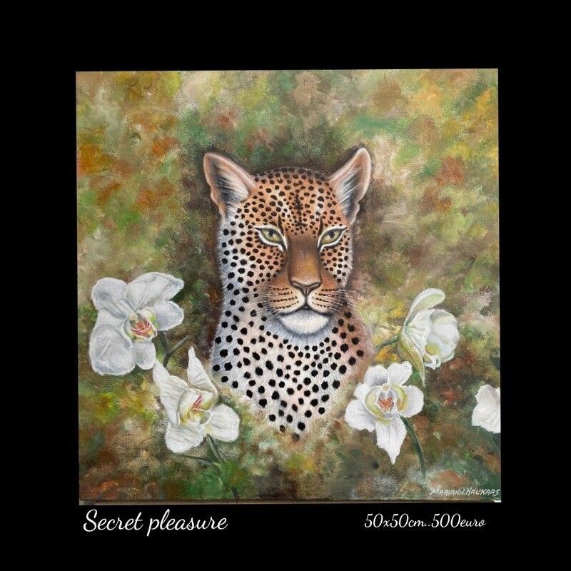 A painting of a leopard surrounded by white flowers