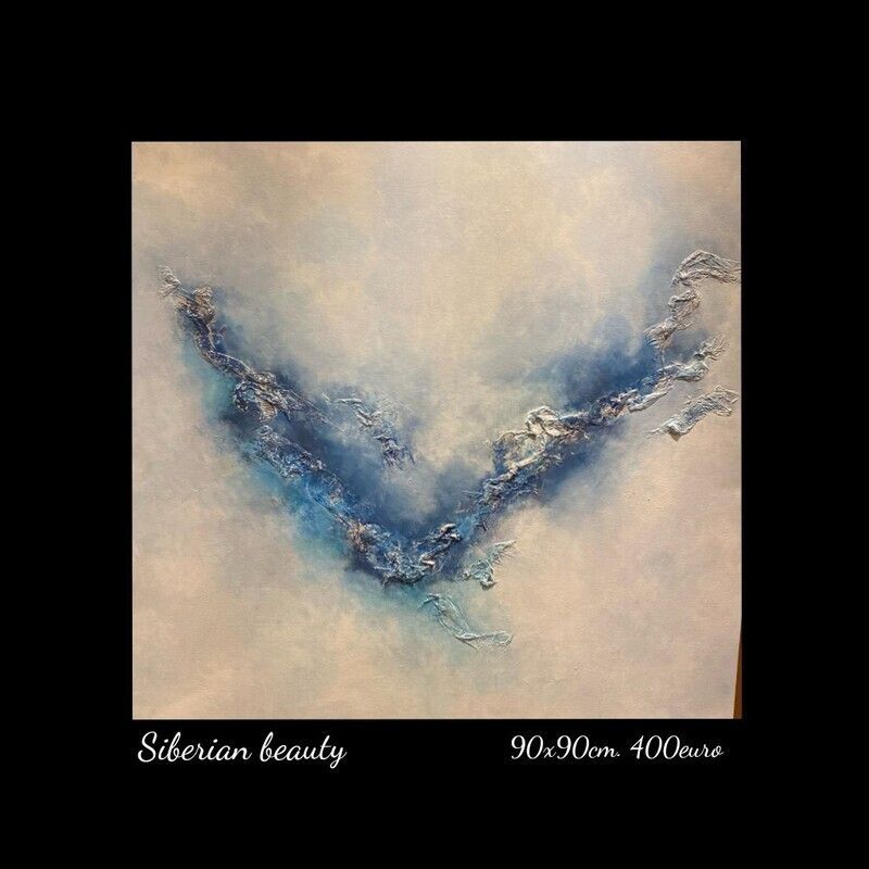 A painting of a blue and white landscape with the words siberian beauty on the bottom