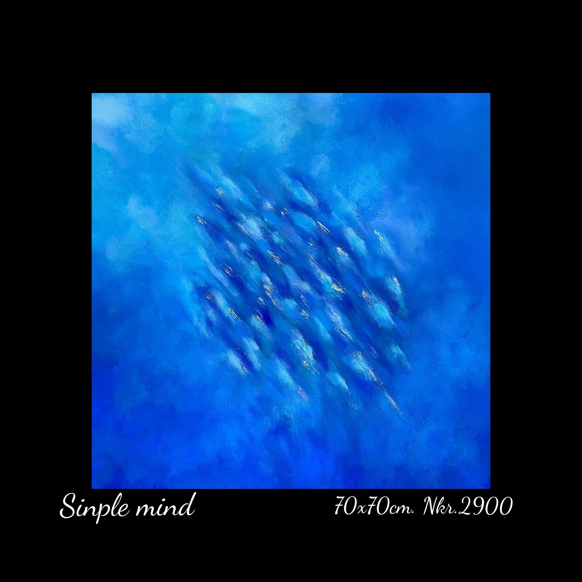 A painting of a flock of fish is titled simple mind