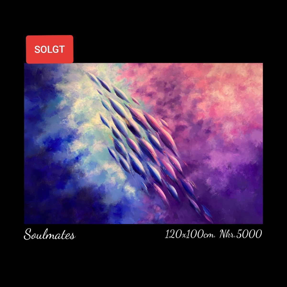 A painting of a flock of fish swimming in the ocean.