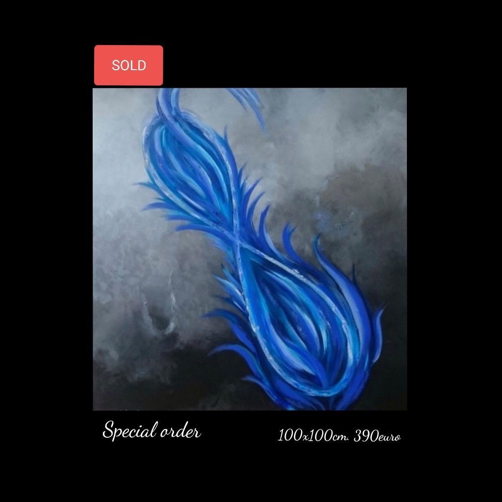 A painting of a blue feather on a black background.